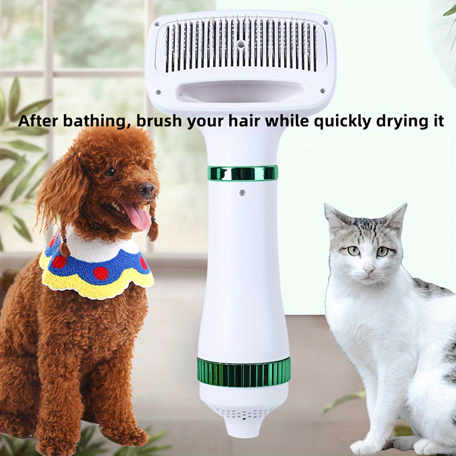 2-in-1 Portable Pet Grooming Drying Brush - Fast, Smooth, Efficiently Drying for Reduced Shedding and Tangling, Ideal for All Body Sizes of Dogs and Cats, Metal Body, Stainless Steel Bristles, US Plug, 110V/220V