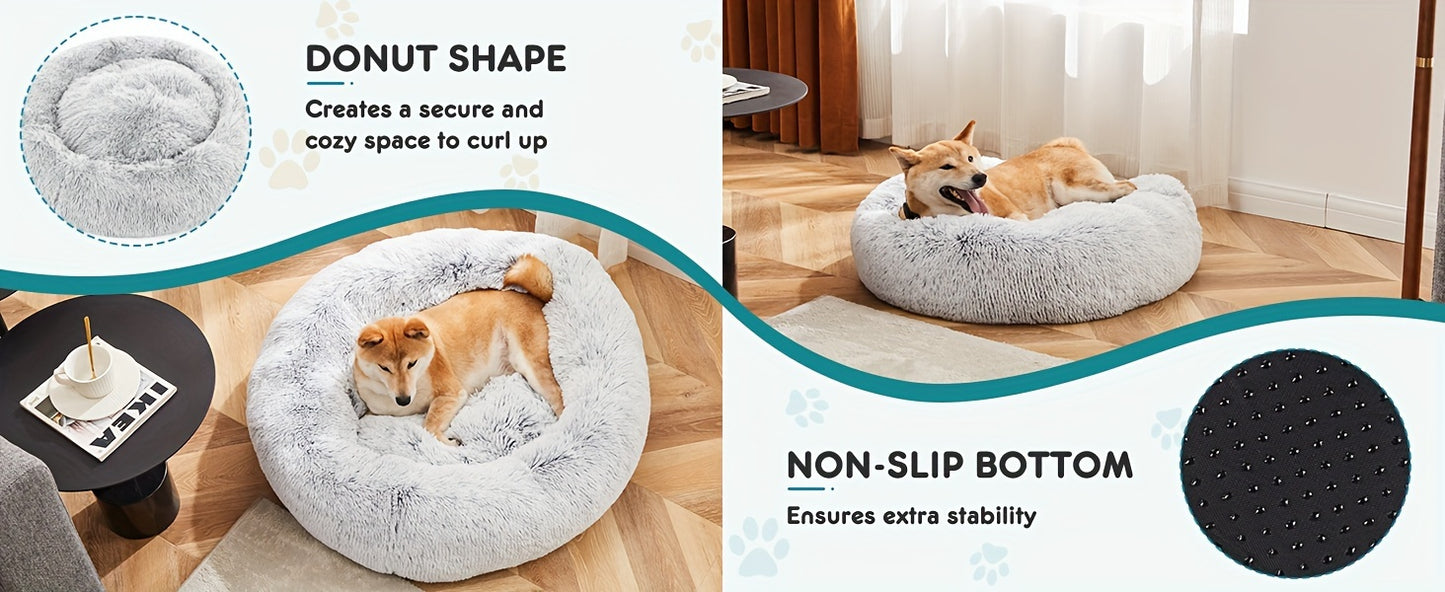 Fluffy Plush Calming Pet Bed For Dogs And Cats - Washable Anti-Slip Round Bed For Pets - Grey Color