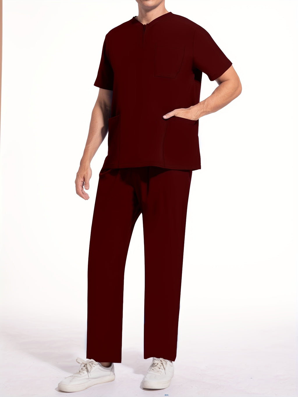 Men's Short Sleeve Summer Work Wear Set, Lab Coat, Pet Grooming Uniform, Breathable V-neck Top With Pockets And Long Pants Outfit