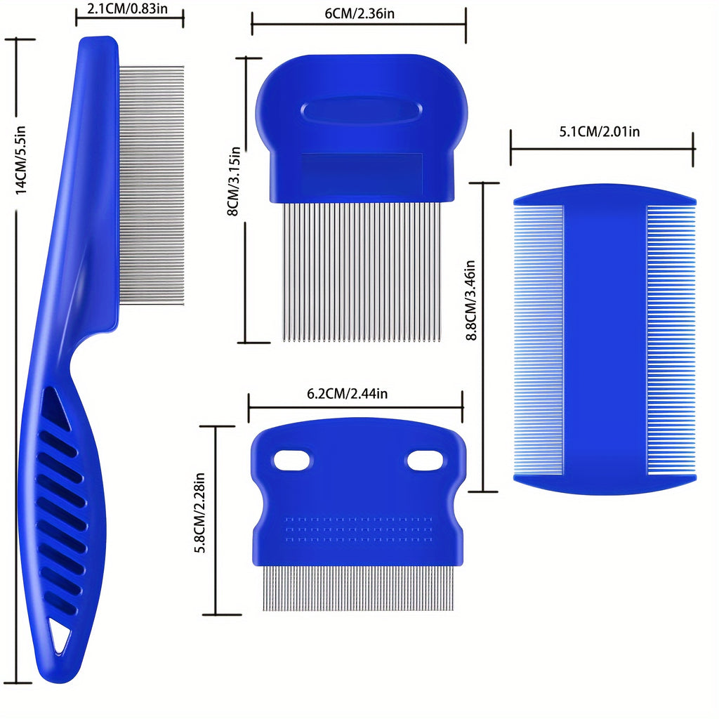 4-Piece Stainless Steel Flea and Lice Comb Set - Professional Double-Sided Pet Grooming Tool for Removing Fleas, Lice, and Tear Stains - Suitable for Small, Medium, and Large Dogs