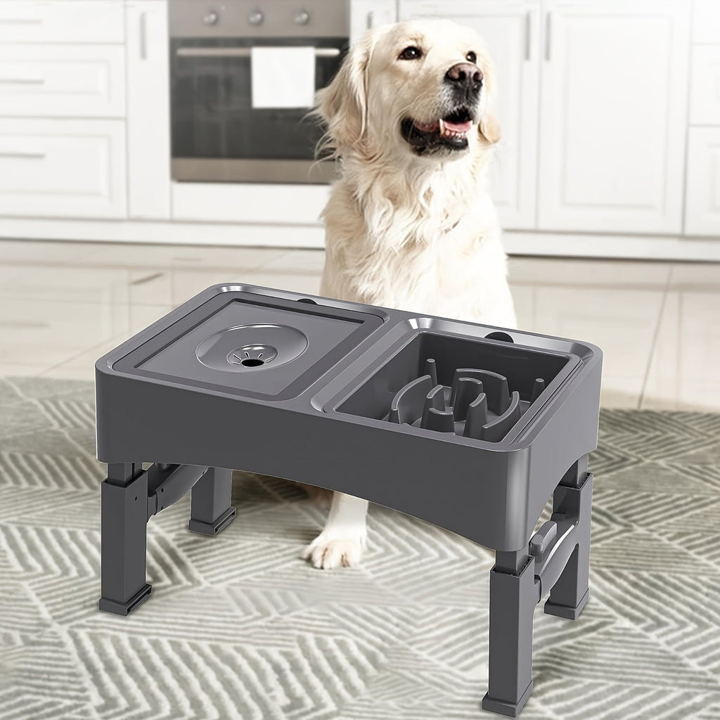 4-Height Adjustable Elevated Pet Feeding Station - Stainless Steel Food Bowls, Slow Feeder & No-Spill Water Bowl Set for Medium & Large Dogs - Neck Protection