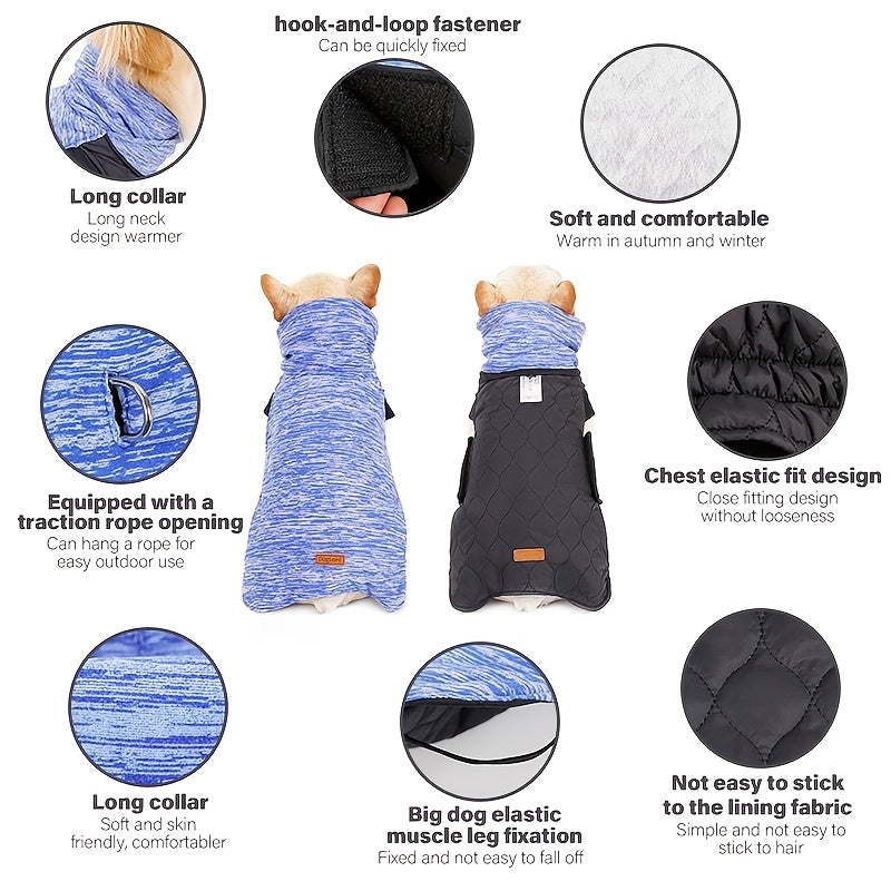Small to Large Breeds Fleece-Lined Reversible Dog Jacket - Cozy Winter Pet Apparel with Long Neck Vest, Dual-Wear Design