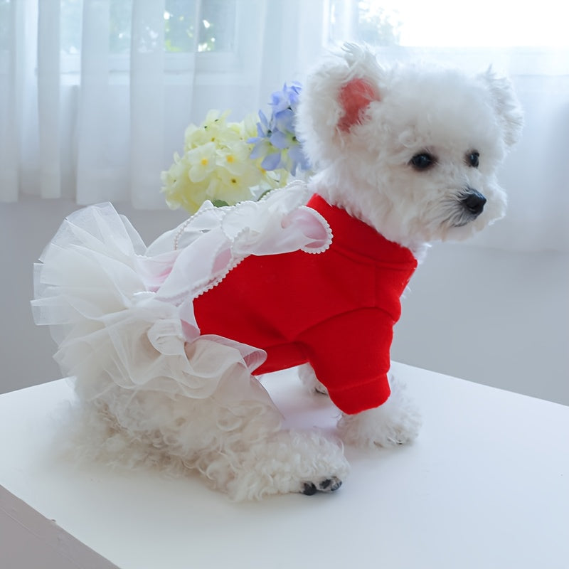 Chic Pearl-Embellished Lace Dog Dress - Princess Style Pet Apparel for Small Breeds, Includes Pomeranian & Yorkie Designs