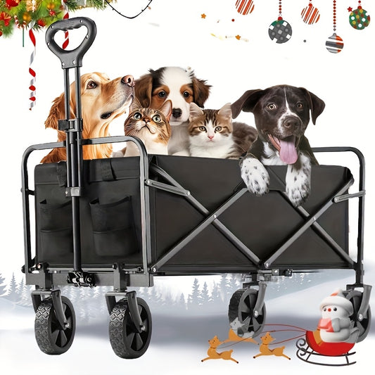 Collapsible Folding Wagon Cart, Large Capacity Track and Field Equipment Transporter, All-Terrain Foldable Pet Stroller, Heavy-Duty Utility Wagon for Grocery, Outdoor Beach, Gardening, Shopping & Fishing – Perfect Christmas