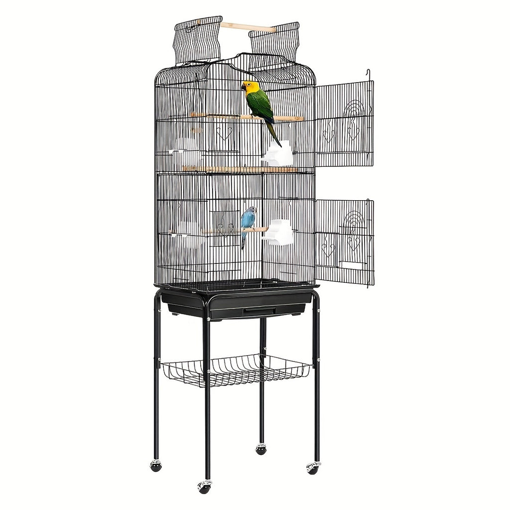 1pc 65-inch Extra-Large Open-Style Bird Cage with Detachable Rolling Stand, Durable Metal Construction, and Spacious Interior for Comfortable Living of Parrots, Lovebirds, Sparrows, Canaries, Long-tailed Small Parrots, Black