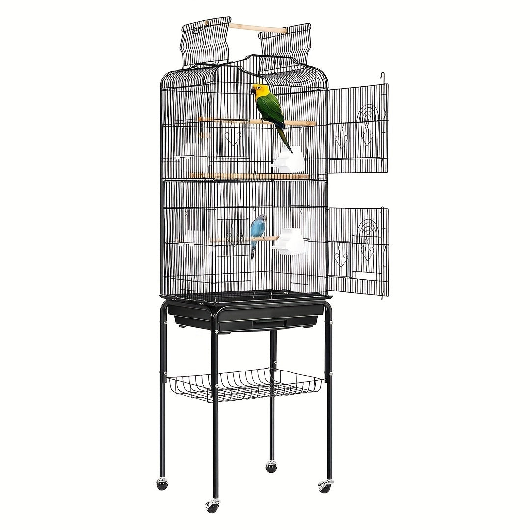 1pc 65-inch Extra-Large Open-Style Bird Cage with Detachable Rolling Stand, Durable Metal Construction, and Spacious Interior for Comfortable Living of Parrots, Lovebirds, Sparrows, Canaries, Long-tailed Small Parrots, Black