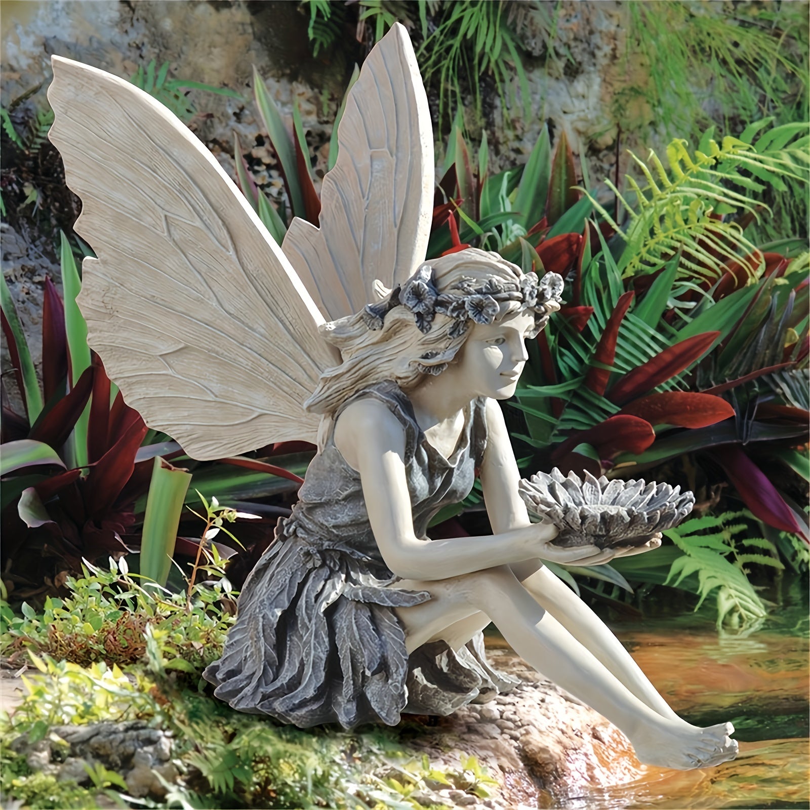 Seated Fairy Statue Garden Resin Craft Ornament Fairy Bird Feeder Yard Lawn And Gardening Outdoor Ornament Sculpture Statue