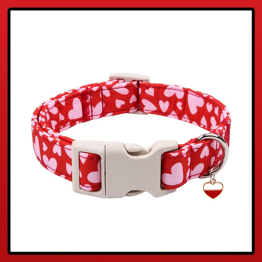 Red and Pink Heart Pattern Dog Collar - Quick Release Safety Buckle, Metal Heart Pendant, for Small Pets, Dog Leash, Cute