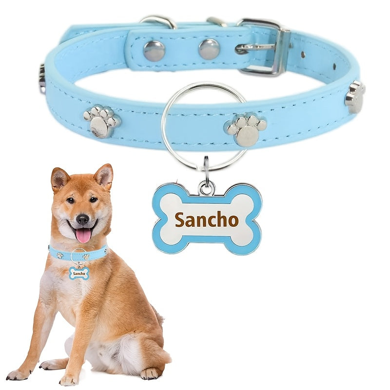 [Anti-Loss Footprint Metal Decorative] Personalized Cortical Dog Collar with Bone-shaped Dog Tag, Double-sided Carved Pet Name and Phone Cat ID Tag, Anti-Loss Footprint Metal Decorative Pet Collar, Dog and Cat Fashion Accesso