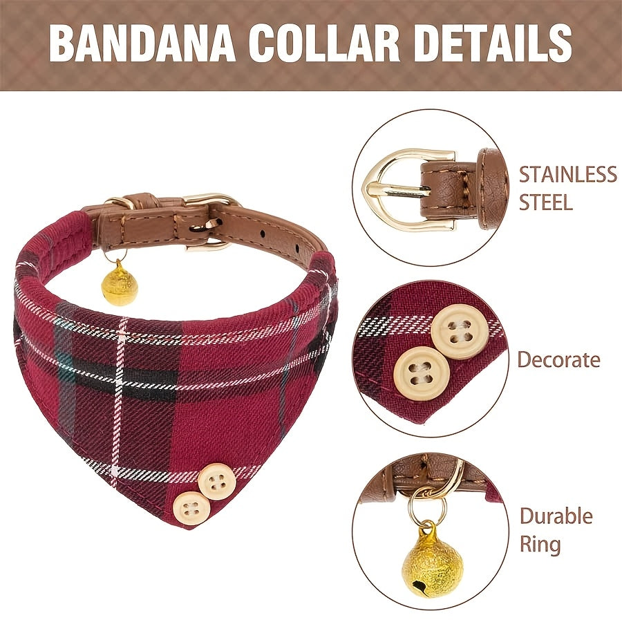 [Red Plaid Pet Harness] 3pcs Red Plaid Pet Harness Set - Adjustable Leather Leash, Machine Washable Polyester Fiber - Ideal for Small Dogs Outdoor Walking