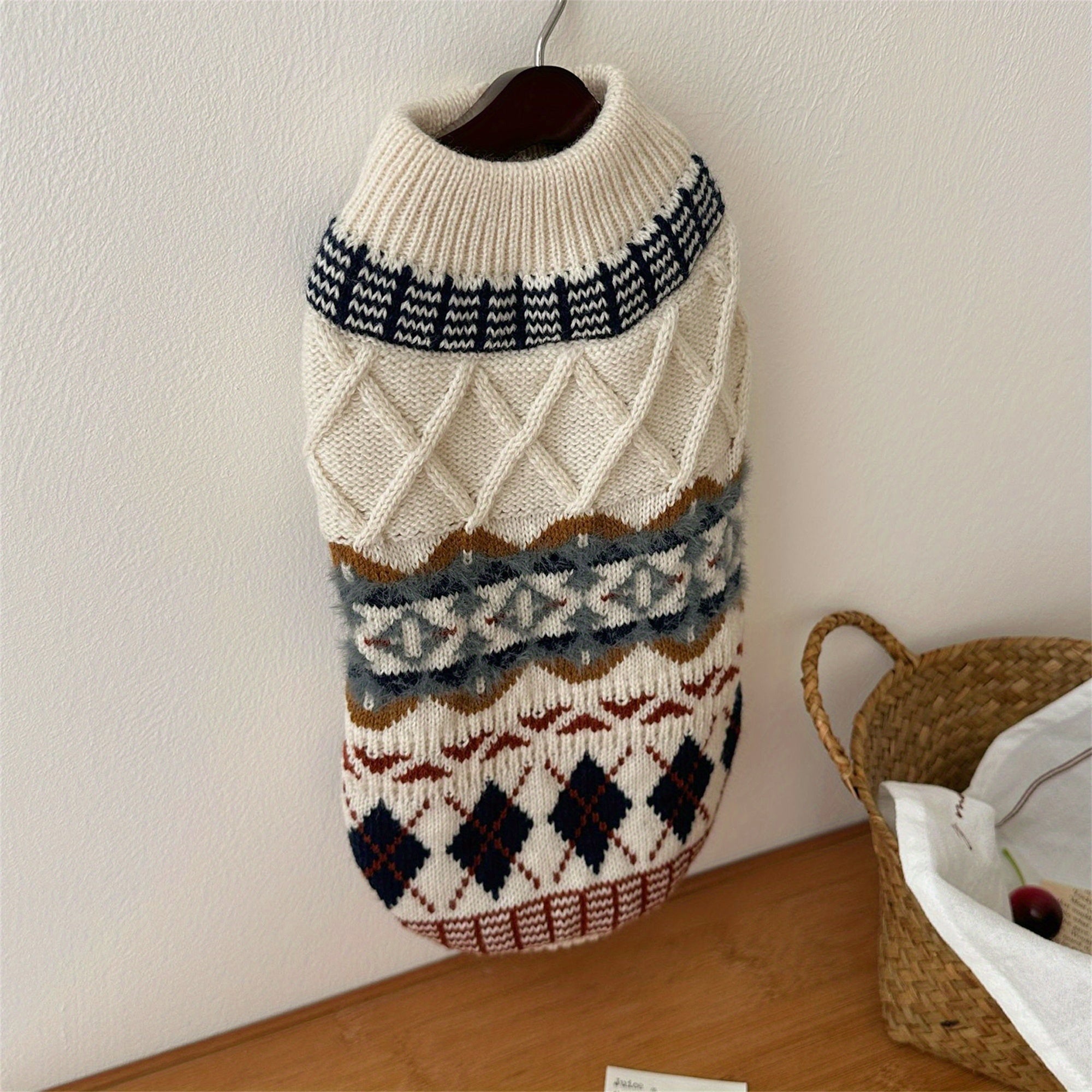 [Small to Medium Acrylic Sweater] All-Season Acrylic Dog Sweater, Cozy Pullover Pet Apparel, Retro Rhombus Pattern, Machine Washable, for Small to Medium Breeds, Ideal for Spring, Fall & Winter, Without Battery