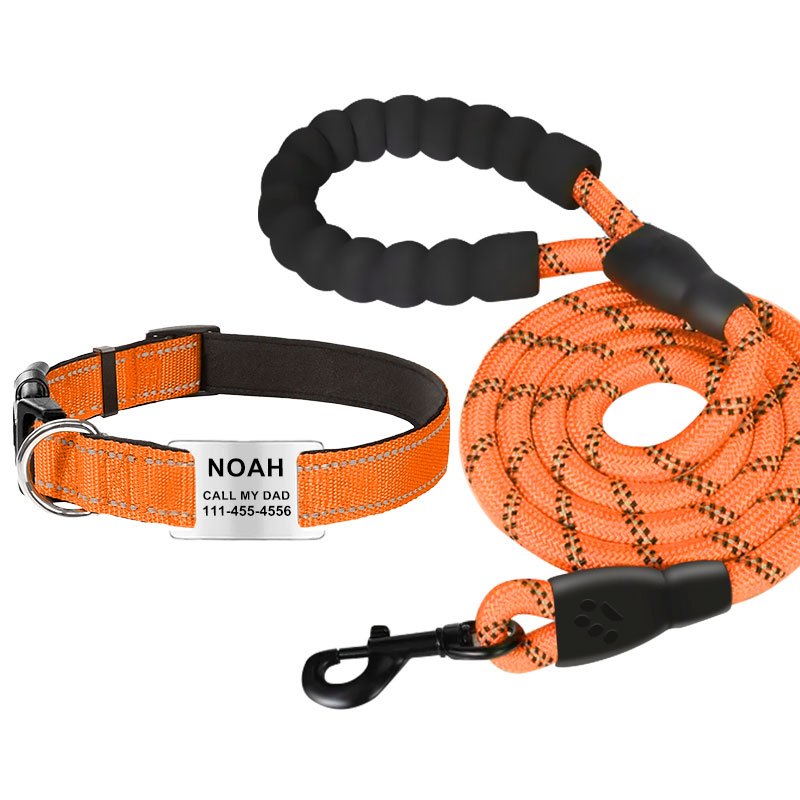 [Durable Adjustable Dog Leash] Custom Engraved Reflective Dog Collar with Name Tag, Personalized Polyamide Pet Collar, Durable Adjustable Collar with Leash for Dogs