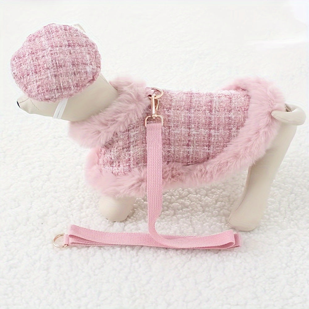 Cozy Pink Plush Dog Sweater with Adjustable Harness and Leash Set - Knit Winter Coat for Small to Medium Breeds, Fashionable Pet Apparel for Autumn & Winter Comfort