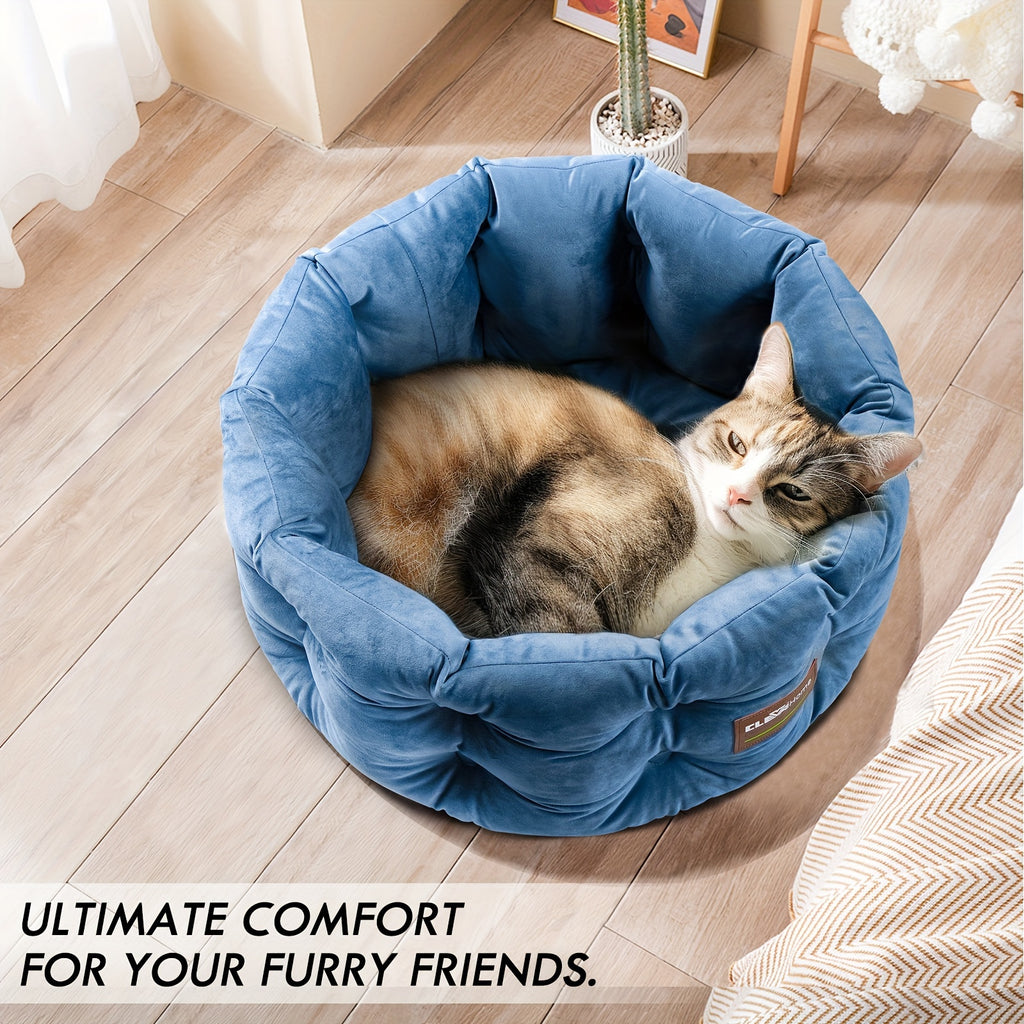 ClevaHome Deep Nest Cat Bed for Small Pets up to 15lbs - Round Cat Beds for Indoor Cats, Luxurious Velvet Feel, Extra High Sides, Machine Washable Comfort Pet Bed with Non-Slip Bottom