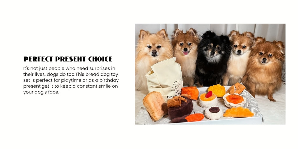 10 Pack Nocciola Bread Dog Toys with Storage Bag - Crinkle Squeaky Plush Chew Toys for Small & Medium Dogs, Durable Puppy Toys with Treat Hiding Pockets, Assorted Bread-Shaped Interactive Dog Accessories, Pet Playtime Accesso