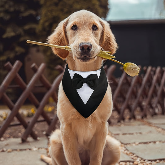 Elegant Dog Tuxedo Bandana with Bowtie Collar - Formal Pet Wedding Scarf, Adjustable Party Tails Suit, Ideal for Small to Medium Breeds, Polyester Dog Birthday Attire, Valentine's Day Costume for Pets