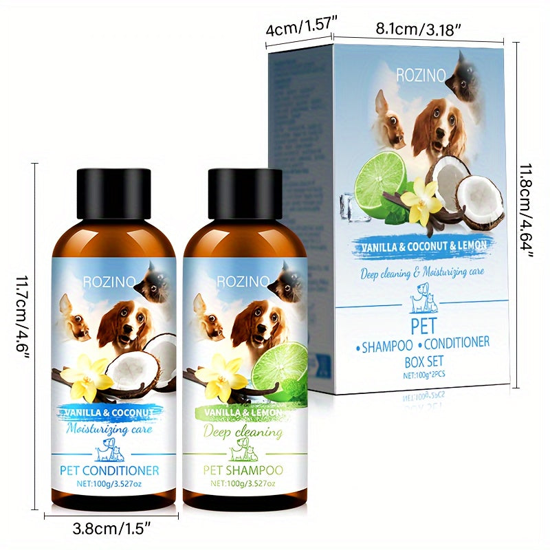 2pcs ROZINO Pet Grooming Set - Gentle, Deep Cleansing & Moisturizing Conditioner and Shampoo for All Dog Breeds (Vanilla & Coconut Milk, Lemon & Mint, 100ml Each)