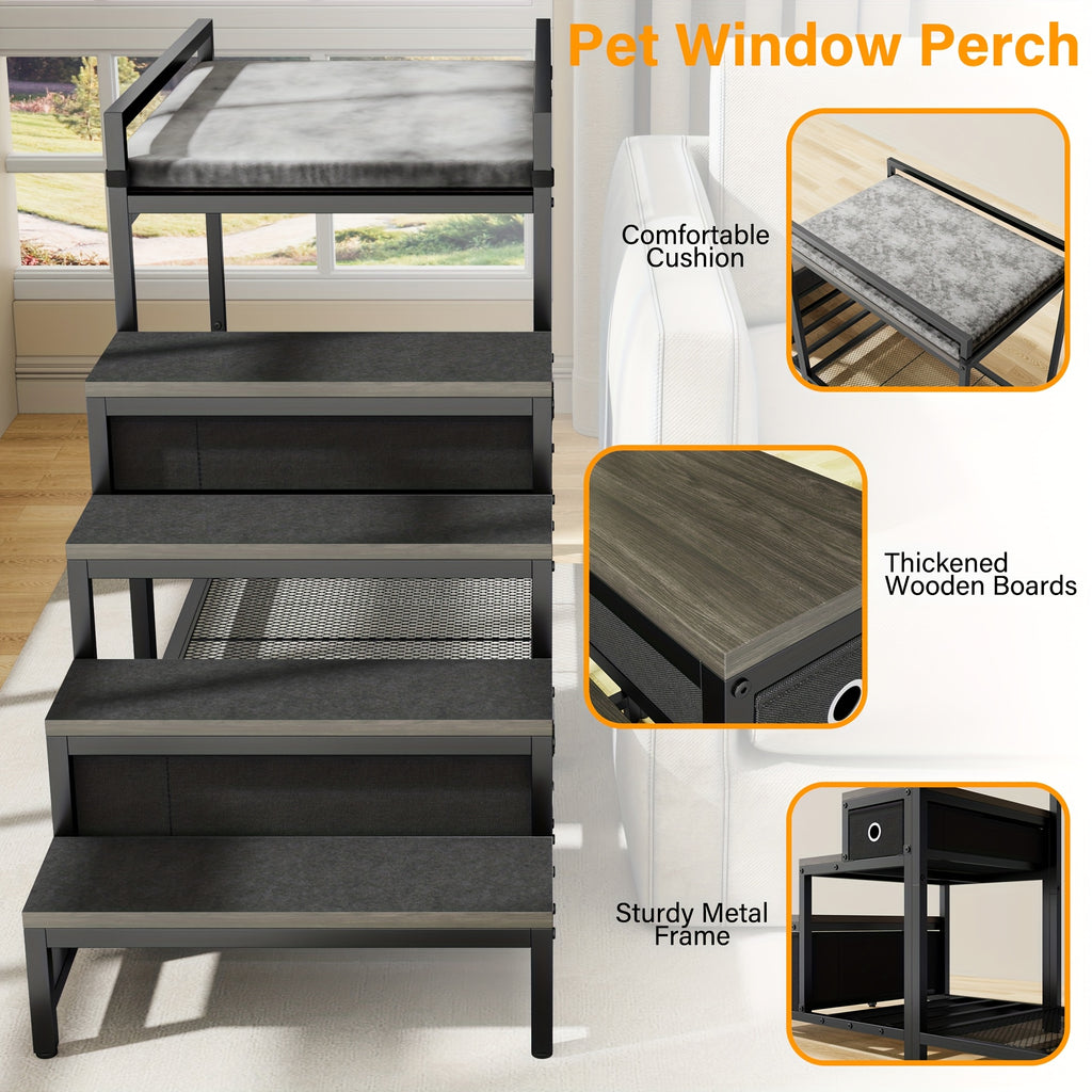 SAUDISM Multi-Level Pet Bunk Bed with Removable Step for Dogs & Cats - Durable Wooden Frame, Cushioned Perch & Window Seat, Indoor Use, Easy Assembly, Black, Perfect for Small to Medium Dogs, Cozy Home Decor, Pet Furniture, M