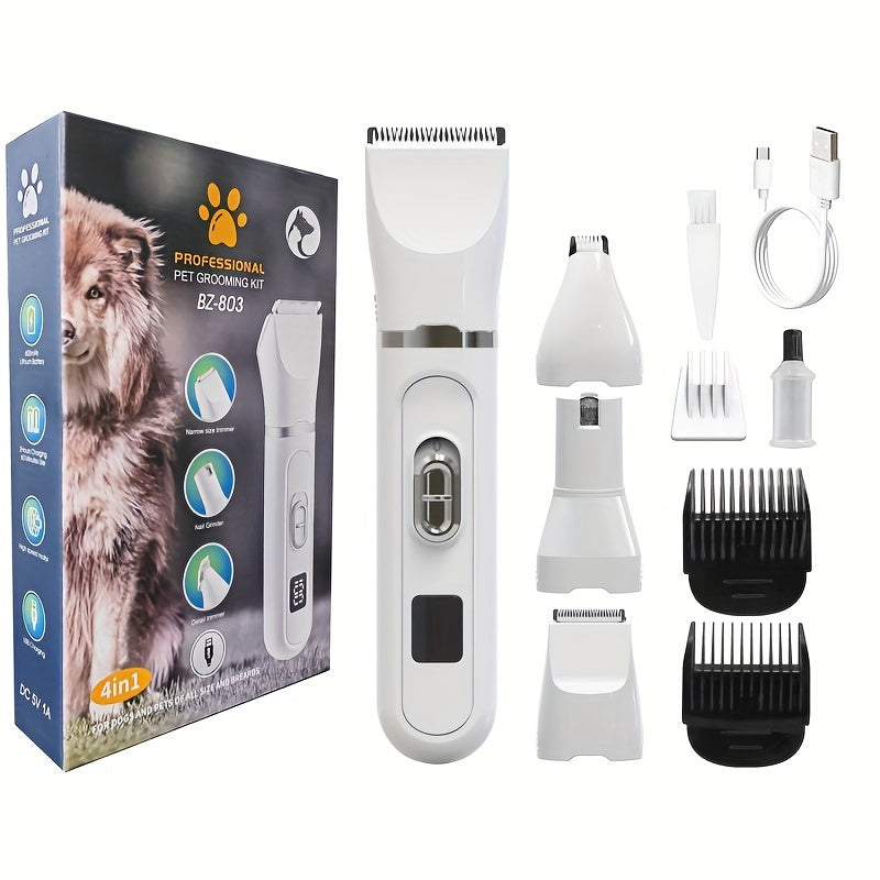 Rechargeable Pet Grooming Clipper Kit, Electric Dog Hair Trimmer with Multiple Attachments and Cleaning Brush