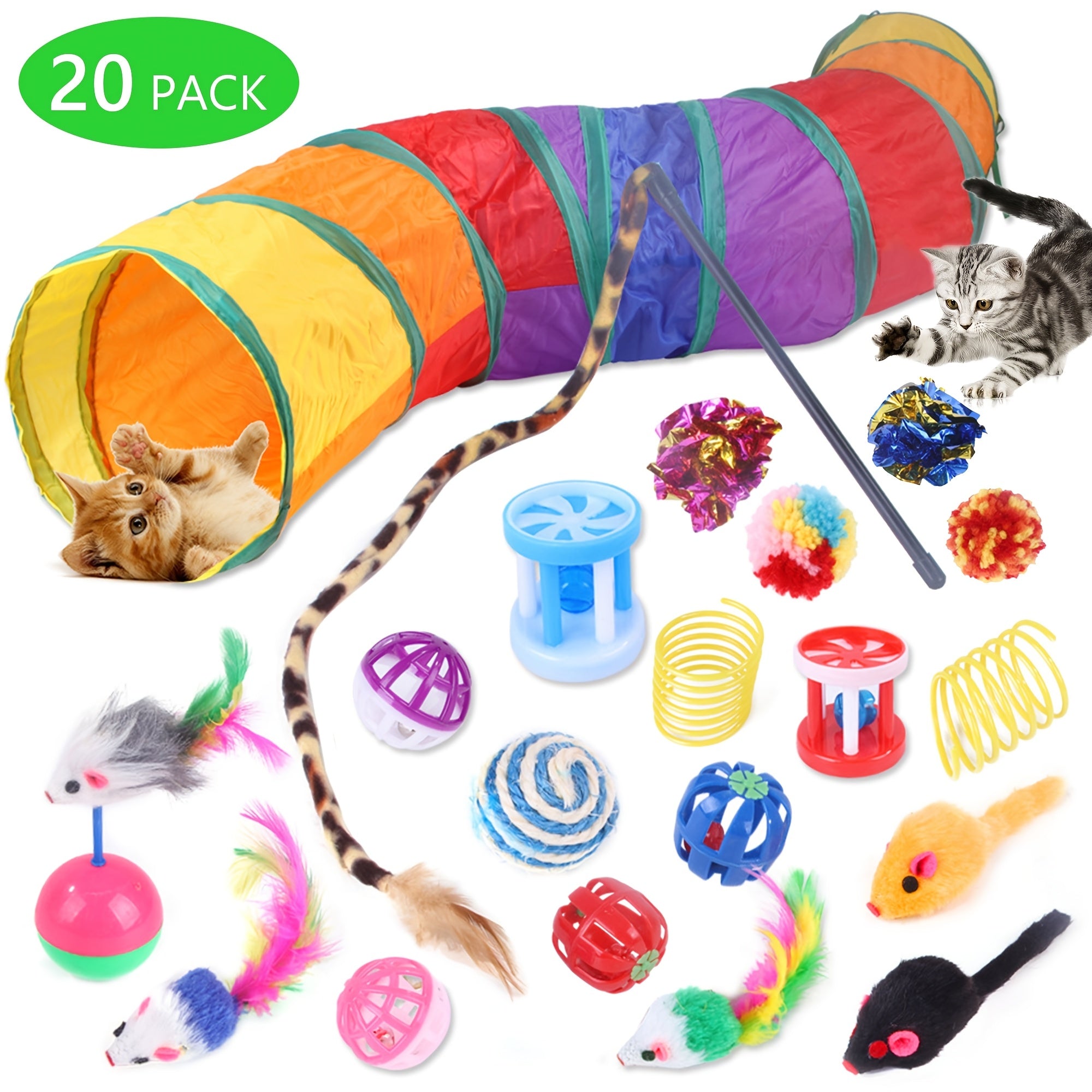 20pcs Cat Toys Kitten Toy Set Folding Camouflage Cat Tunnel Indoor Interactive Pet Toys Teaser Cat Feather Toy Colorful Mouse Plush Ball Bell Ball Toy Kit Kitten Puppy (Colorful)