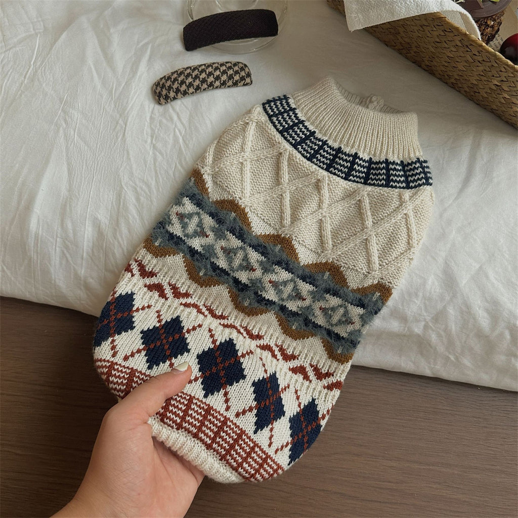 [Small to Medium Acrylic Sweater] All-Season Acrylic Dog Sweater, Cozy Pullover Pet Apparel, Retro Rhombus Pattern, Machine Washable, for Small to Medium Breeds, Ideal for Spring, Fall & Winter, Without Battery