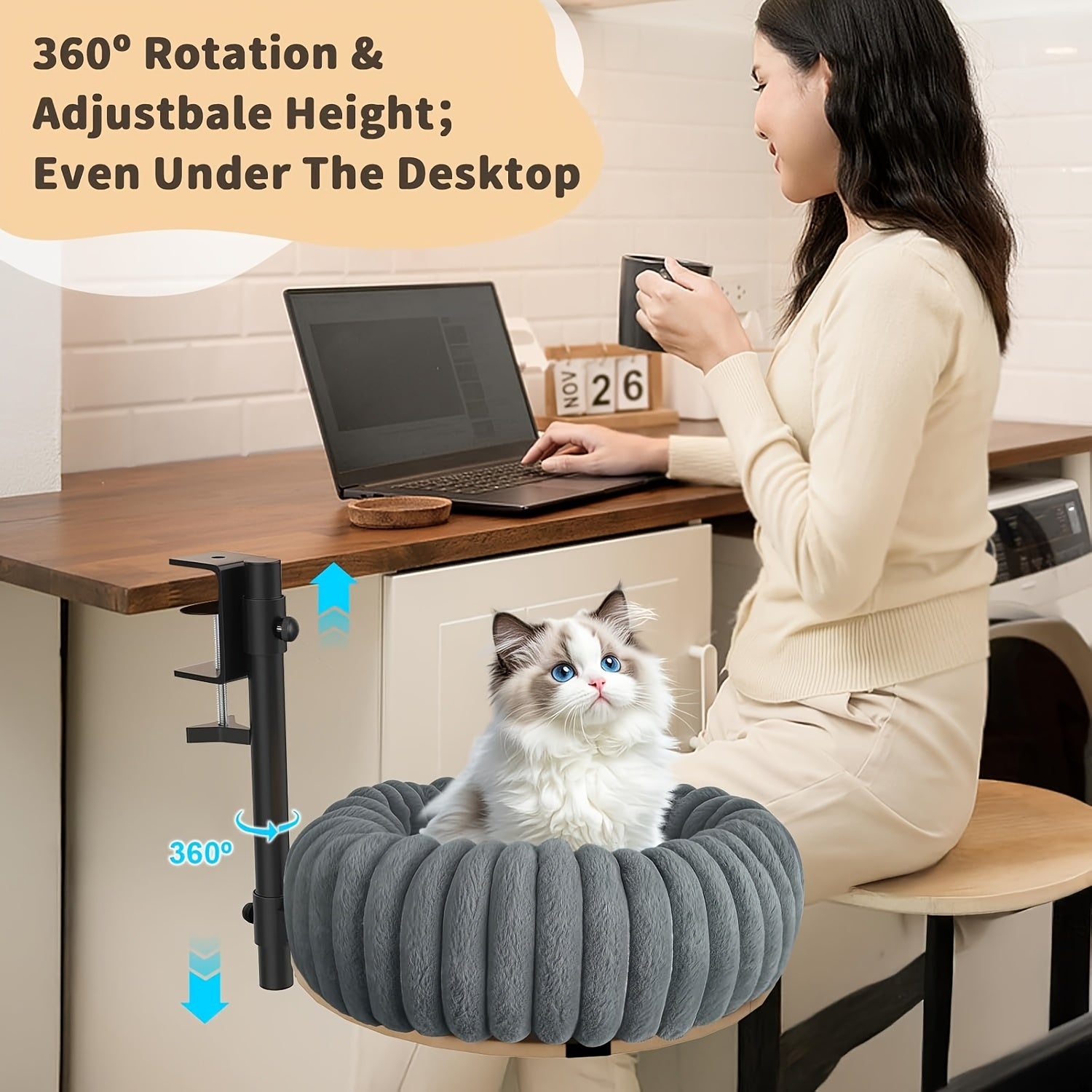 360° Rotating Cat Bed for Desk - 19, 68" Plush Washable Cat Nest with Removable Cover, Ergonomic Design for Home Office & Workspace, Durable Polyester Pet Bed for Cats, Cat Furniture Bed, Workspace Accessory, Modern Pet Furn