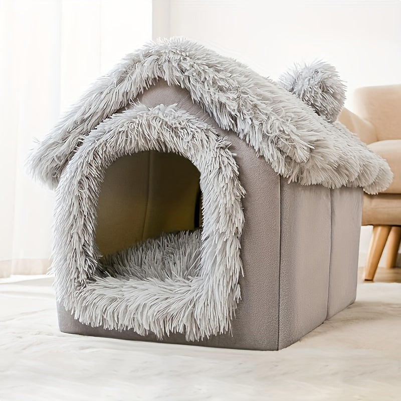 [For Cats & Dogs Plush Bed] Comfortable Plush Pet Bed For Cats And Dogs, Removable Non-slip Bottom Cat House, Four-season Use, Semi-enclosed Pet Sleeping Bed
