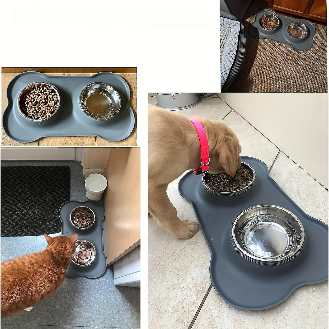 [2-in-1 Feeding Watering Station] 2-in-1 Dog Feeding & Watering Station, Thermoplastic Rubber Pet Bowl Mat with Stainless Steel Dual Bowls, Anti-Spill Pet Feeder, Includes Bowl Holder, Ideal for All Dog Breeds