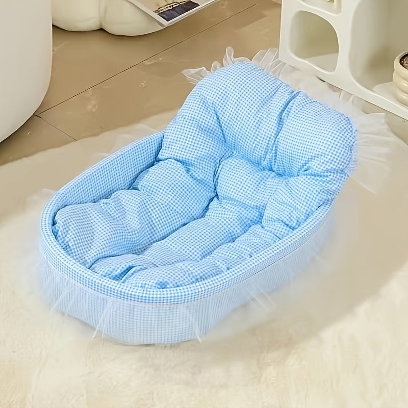 All-Season Pet Bed for Dogs & Cats - Checkered Small Bed with Soft Plush Fabric, Washable & Detachable Pet Mat, Non-Sticky to Fur, Easy to Clean, Ruffle Details - Cozy Sleeping for Indoor Cats & Small Dogs, Cat Bed, Playful D