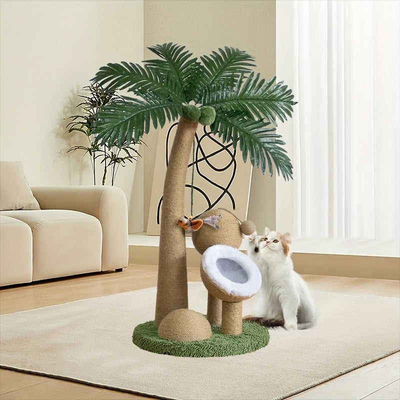 33 Inch Large Cat Scratching Post - Curved Palm Tree Design with Sisal Scratching Posts, 3 Interactive Balls & Dangling Toy, Sturdy Base & Anti-Topple for Climbing, Napping, Indoor Cats, Feline Enrichment, Playful Pet Furnitu