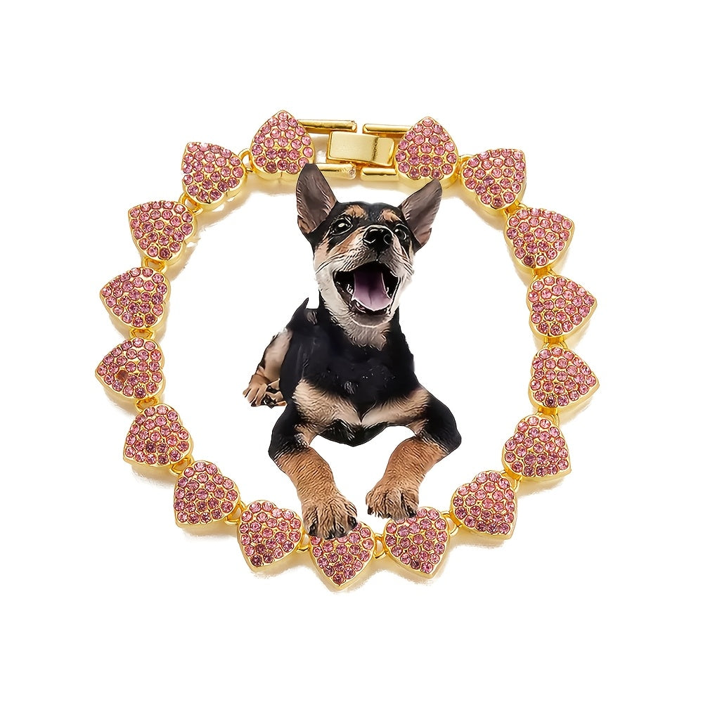 [Adjustable Heart Pet Collar Sparkling] Sparkling Rhinestone Heart Pet Collar with Safety Buckle - Zinc Alloy, Adjustable for Small to Large Dogs, Pet Necklace, Cuban Chain