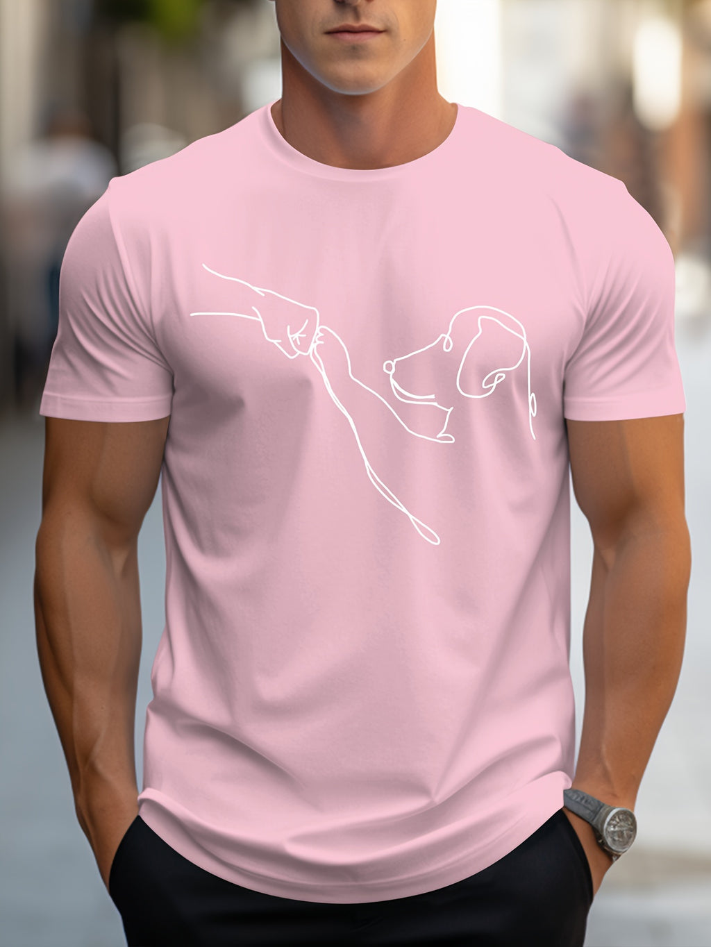 Men's Line Art Dog Print T-Shirt: Poop Scooper Exclusive! Super Cute Hand-Drawn Puppy Sketch, Minimalist Pet Interaction Design – Adorable Paw Print & Leash Graphic Tee