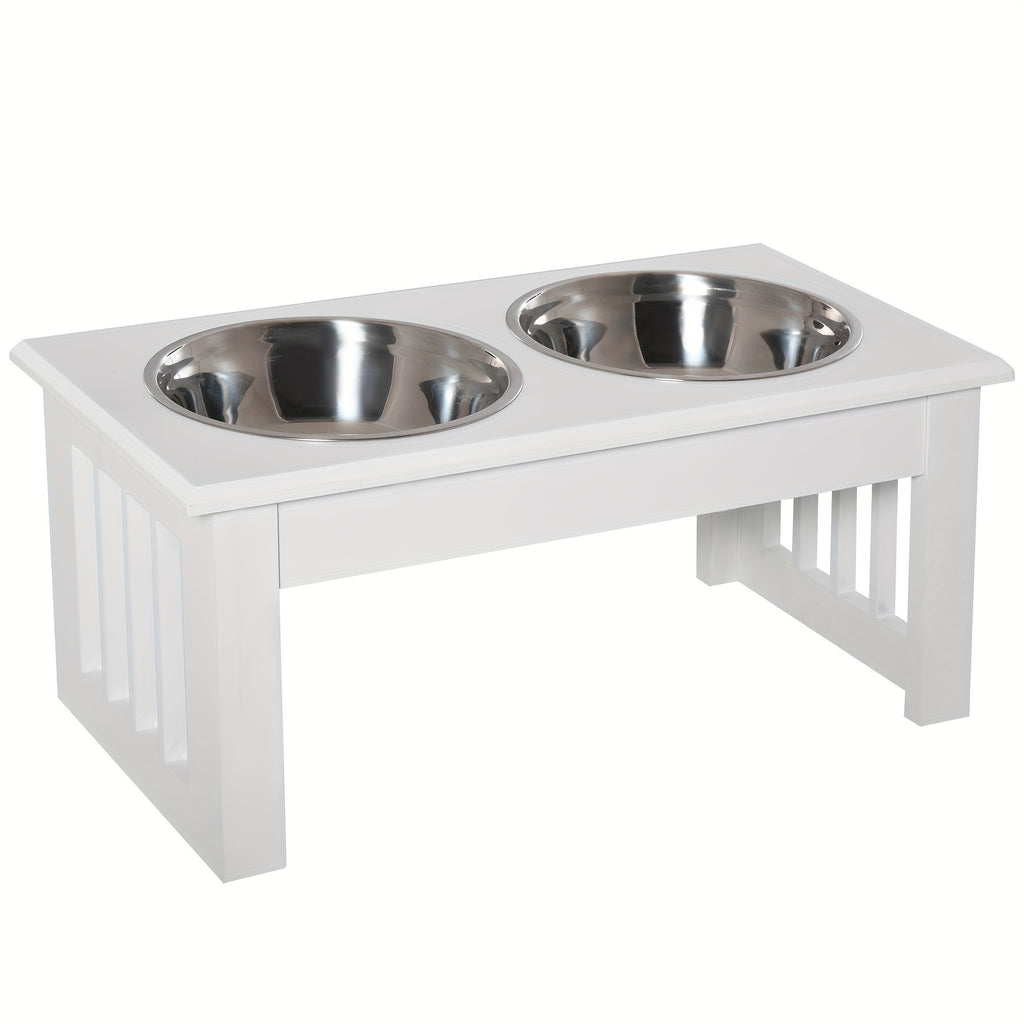 PawHut 6" Height Small Puppy Dog Feeding Station For Messy Pets, Stainless Steel Elevated Dog Bowls With Modern Wooden Frame, Dog Food Stand Pet Feeding Station, White