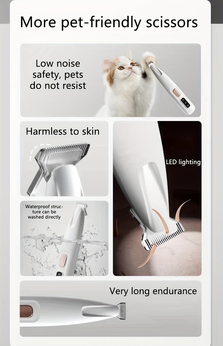 Safe Low Noise Pet Grooming Clippers - LED Light Support, USB and Battery Longevity