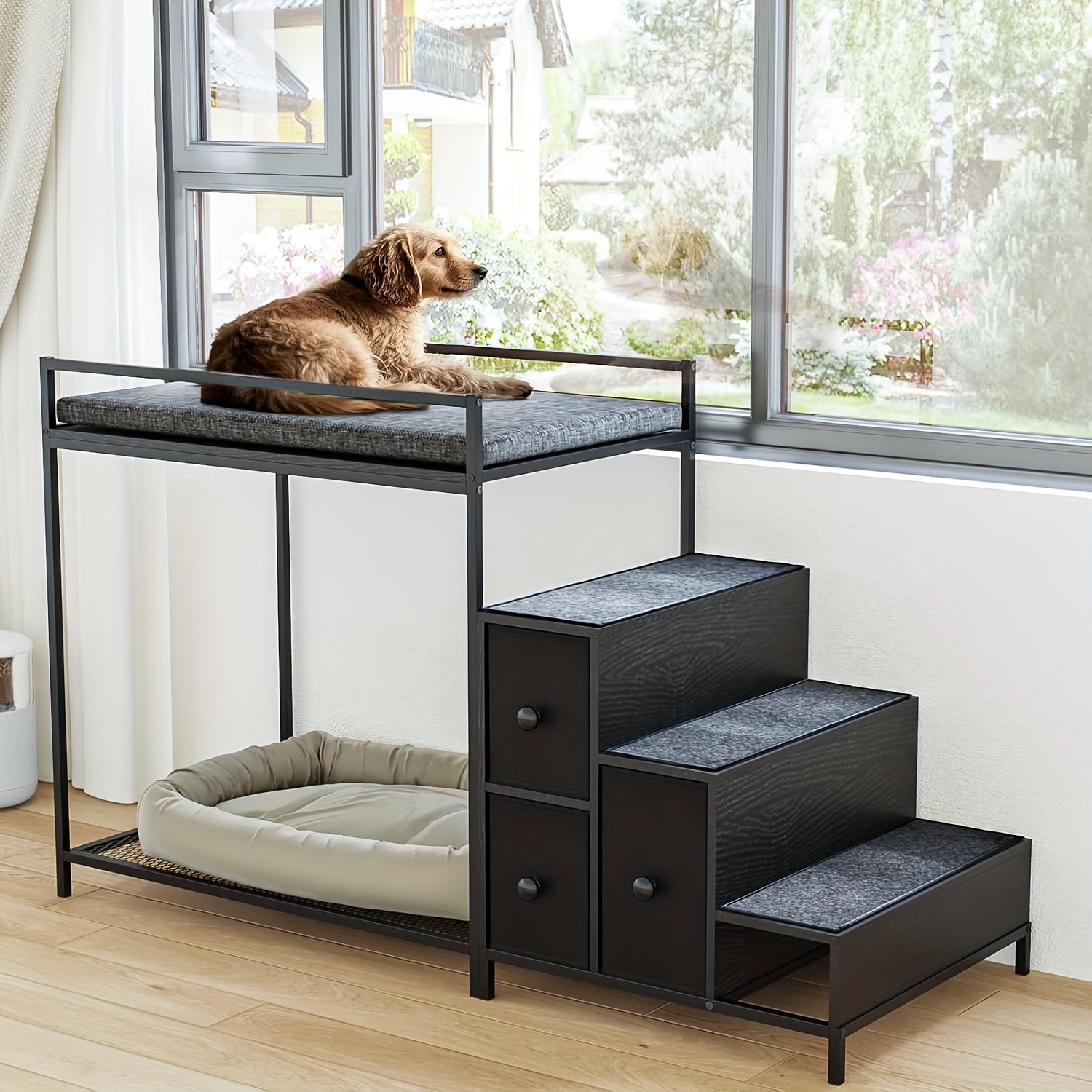 Multi-Level Pet Bunk Bed with Stairs & Storage Drawers - Elevated Dog Bed or Window perch, Sturdy Construction, Space-Saving Design for Small/Medium Dogs - Modern Home Decor Pet Furniture, Engineered Wood Frame, Apartment Pet