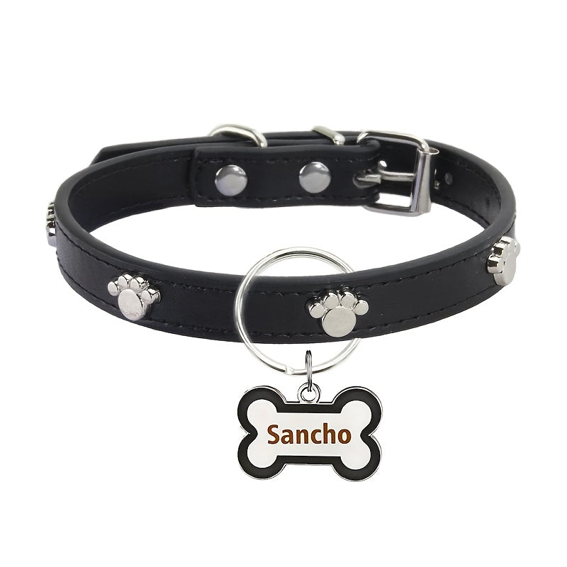 [Anti-Loss Footprint Metal Decorative] Personalized Cortical Dog Collar with Bone-shaped Dog Tag, Double-sided Carved Pet Name and Phone Cat ID Tag, Anti-Loss Footprint Metal Decorative Pet Collar, Dog and Cat Fashion Accesso