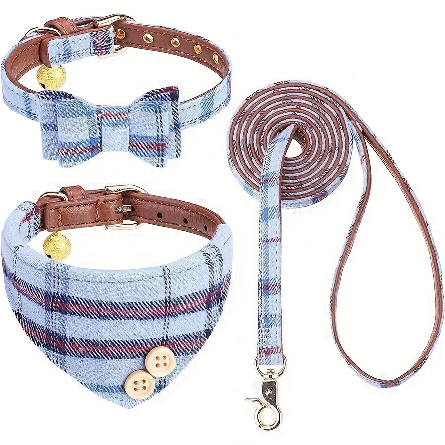 [Red Plaid Pet Harness] 3pcs Red Plaid Pet Harness Set - Adjustable Leather Leash, Machine Washable Polyester Fiber - Ideal for Small Dogs Outdoor Walking