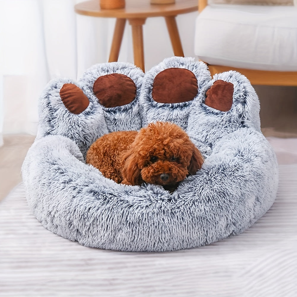 1pc Soft Plush Polyester Bear Paw Shaped Pet Bed, Calming Donut Dog Cat Cuddler Lounger, Warm Comfortable Round Pet Mat, Assembly Not Required for Cats and Small Dogs