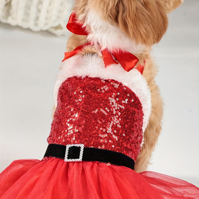 Chic Christmas Dog Dress - Festive Sequin Party Outfit for Small to Medium Breeds, Snap-On Polyester Pet Apparel - Perfect for Holiday Parties & Photoshoots - Gift for Dog Lovers