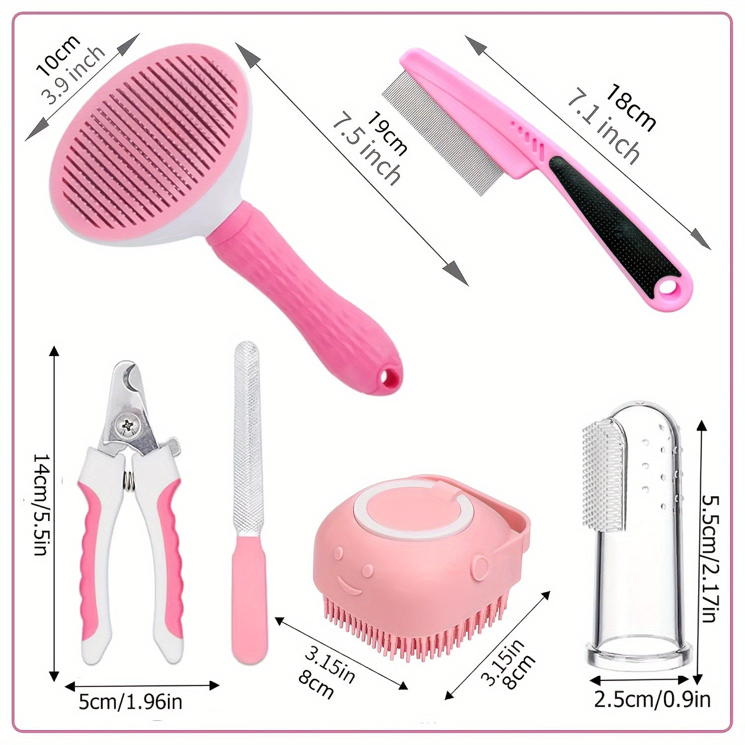 7pcs/set Pet Grooming Set, Self Cleaning Cat and Dog Brush with Nail Clipper, File, Flea Comb, Bath Brush, and Finger Toothbrush