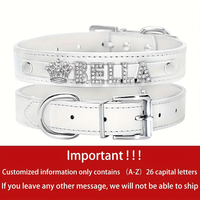 Personalized PU Leather Dog & Cat Collar with Sparkling Rhinestone ID Tag - Custom Name "Bella" or "Jamie" & Heart/Paw Print Design, Adjustable Fit for Small to Large Pets, Perfect Gift for Your Furry Friend