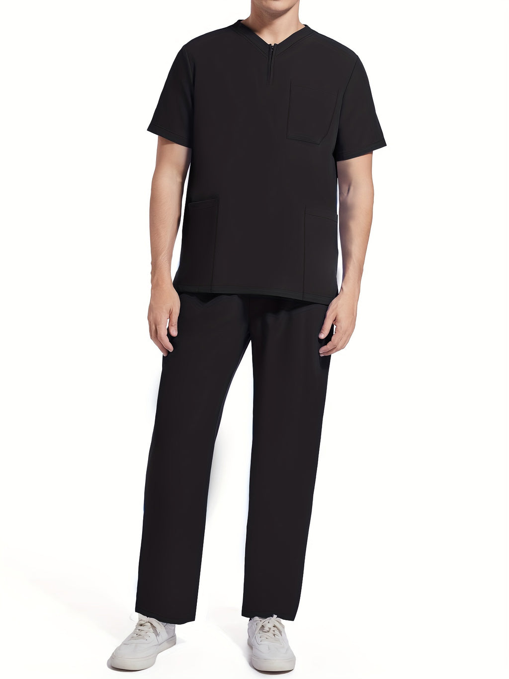 Men's Short Sleeve Summer Work Wear Set, Lab Coat, Pet Grooming Uniform, Breathable V-neck Top With Pockets And Long Pants Outfit