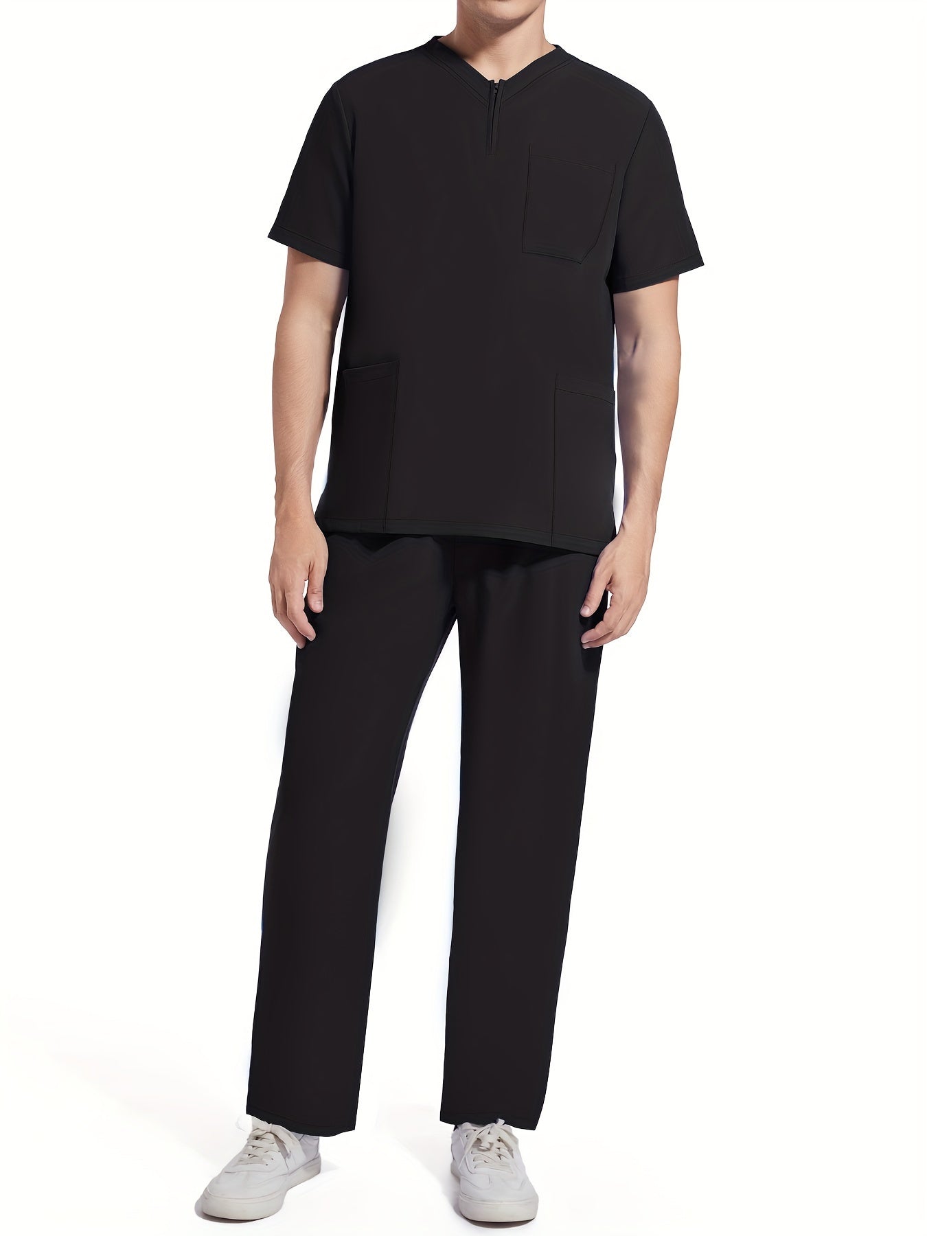 Men's Short Sleeve Summer Work Wear Set, Lab Coat, Pet Grooming Uniform, Breathable V-neck Top With Pockets And Long Pants Outfit