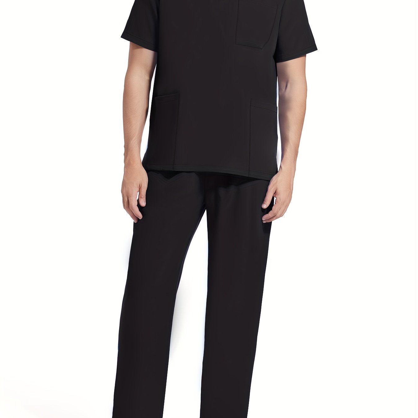 Men's Short Sleeve Summer Work Wear Set, Lab Coat, Pet Grooming Uniform, Breathable V-neck Top With Pockets And Long Pants Outfit