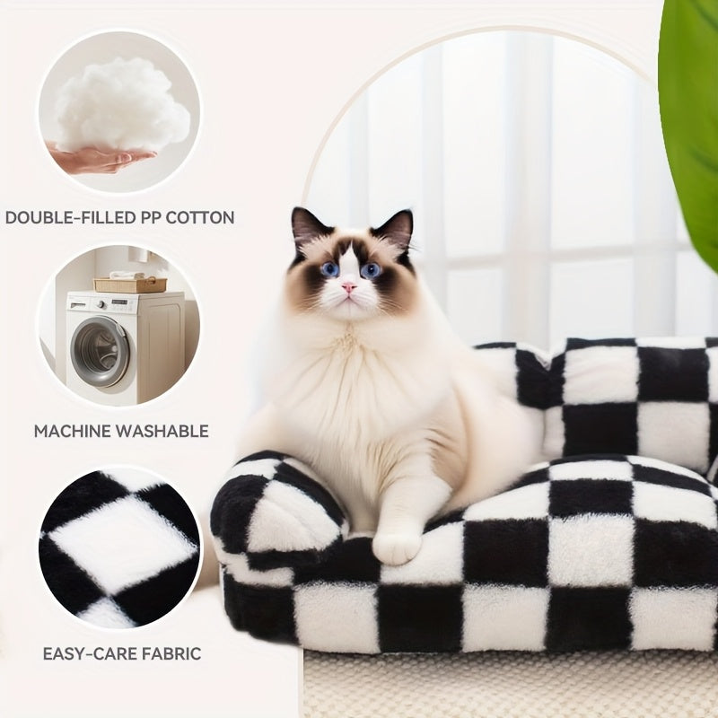 All-Season Pet Sofa Bed - Plush Polyester Cushioning, Black & White Checkerboard Pattern - Soft Warm Bed for Cats, Small Dogs, Indoor Use - Easy-Clean Pet Furniture for Living Room, Bedroom Decor, Cozy Design, Softcushioned S