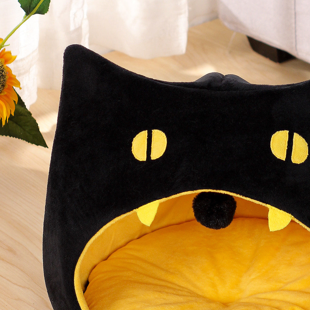 Whimsical Plush Black Cat Pet Bed - Soft, Furry, and Cozy Design for Ultimate Feline Comfort, Relaxation, and Sleep - Perfect for Your Adorable Feline Friend's Happy Moments