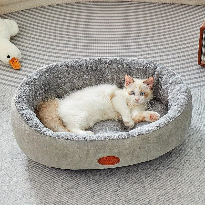 [Thick Warm Cozy Pet Bed] Cozy Plush Oval Pet Bed for Cats & Dogs - Thick, Warm Nest for All Seasons, Classic Style