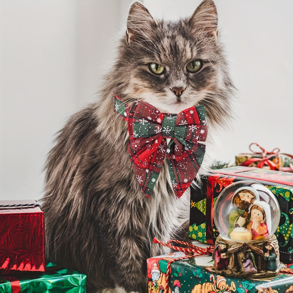 Christmas Plaid Dog Collar with Detachable Bowtie, Adjustable Pet Collar for Cats and Dogs, Durable Polyamide Material with Press Buckle and D-Ring, Perfect for Holiday Parties, Birthdays, and Daily Wear - Red (S/M/L)