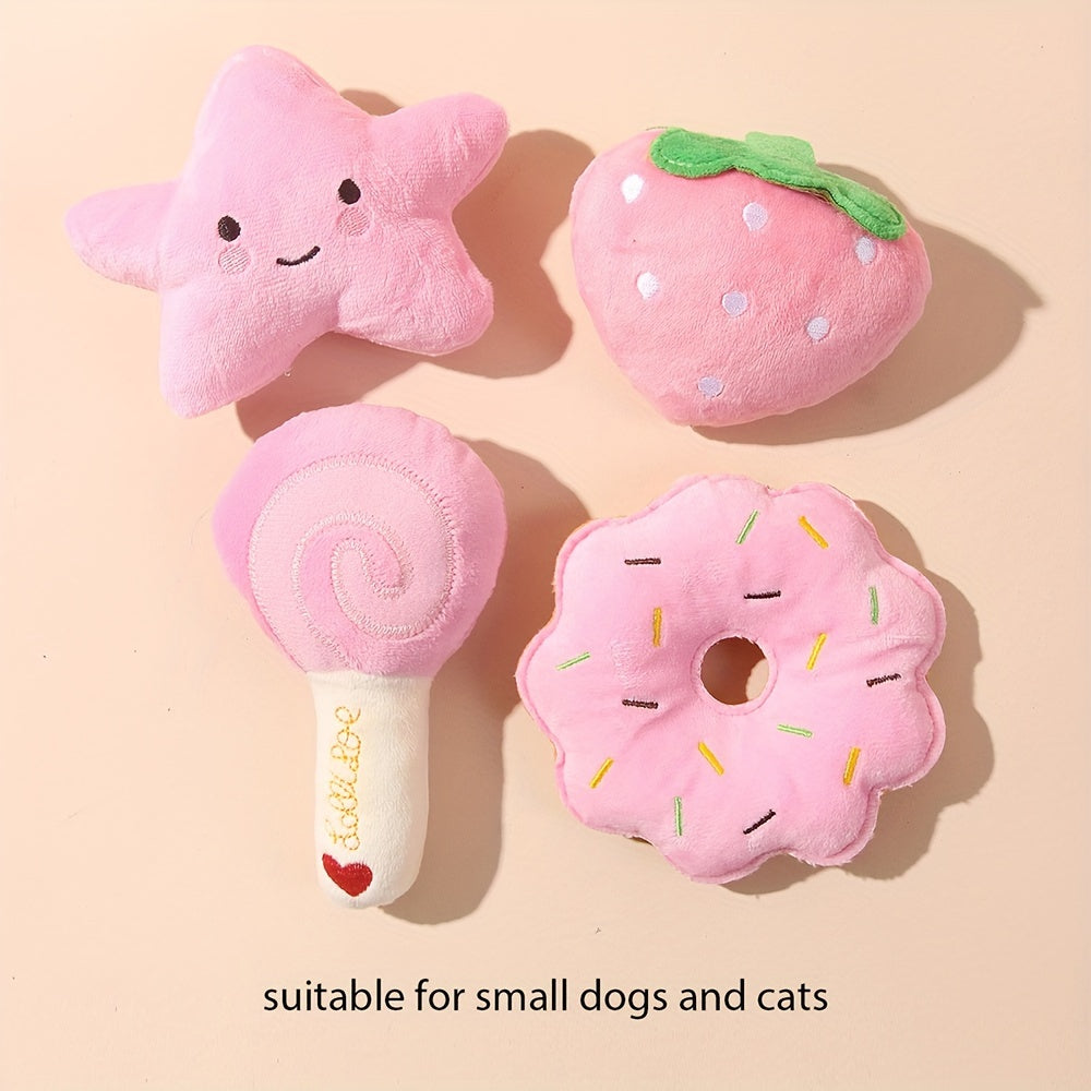 4pcs Fruit & Veggie Plush Squeaky Dog Toys - Strawberry, Lollipop, Star, Donut Designs - Soft Fabric Chew & Teething Toys for Small Breeds - Interactive Playtime Companions for Cats & Dogs, Pet Toys