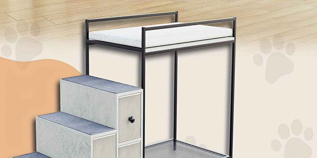 Multi-Level Pet Bunk Bed with Stairs & Storage Drawers - Elevated Dog Bed or Window perch, Sturdy Construction, Space-Saving Design for Small/Medium Dogs - Modern Home Decor Pet Furniture, Engineered Wood Frame, Apartment Pet